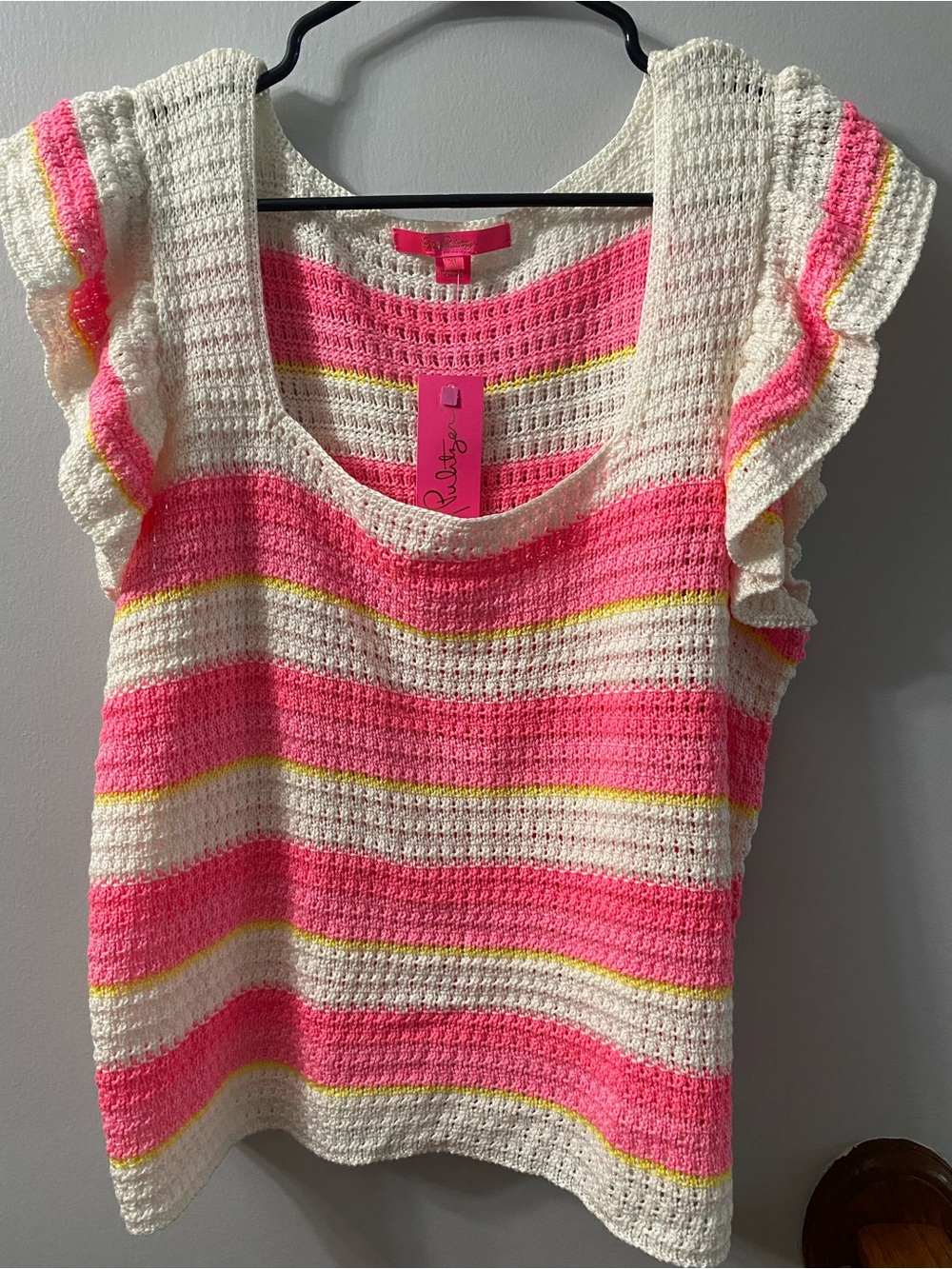 Lilly Pulitzer Cordetta Top Pink, White & Yellow Crocheted Stripe Shell NWT